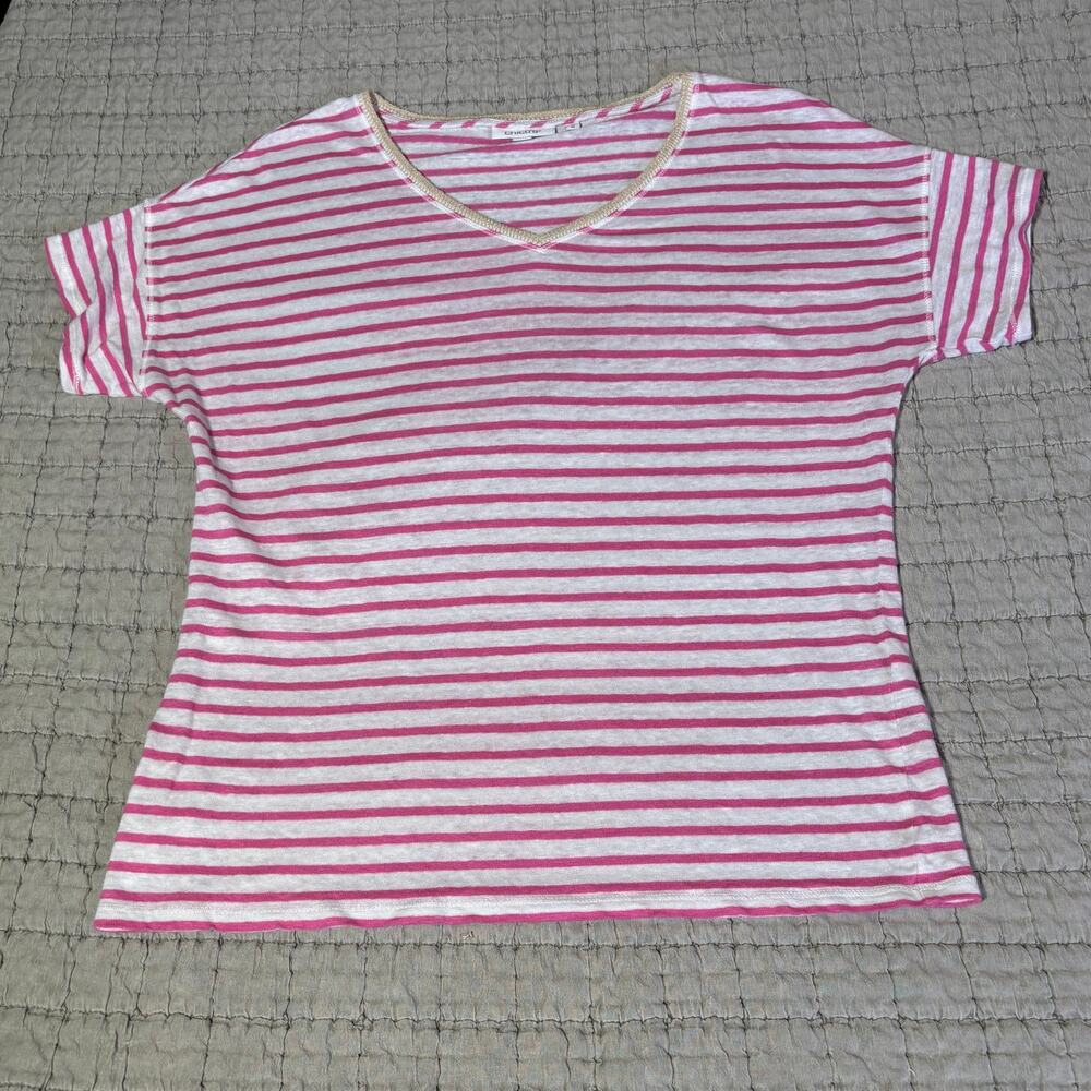 Chico’s Pink White Striped Linen V Neck Short Sleeve Top Women’s Medium